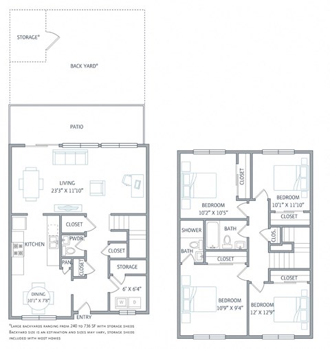 Floor plan for 4 beds, 2.5 baths, 1565 sqft